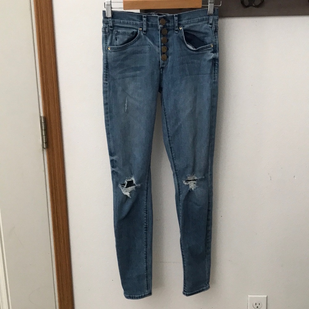 McGuire jeans, blue distressed, fancy buttons, size 25